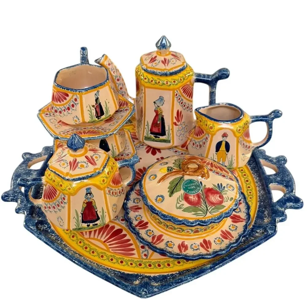 French Vire Faience Vintage Tray Teapot Cups Sugar Cream Covered Dish-9 PC Set - Picture 11 of 14